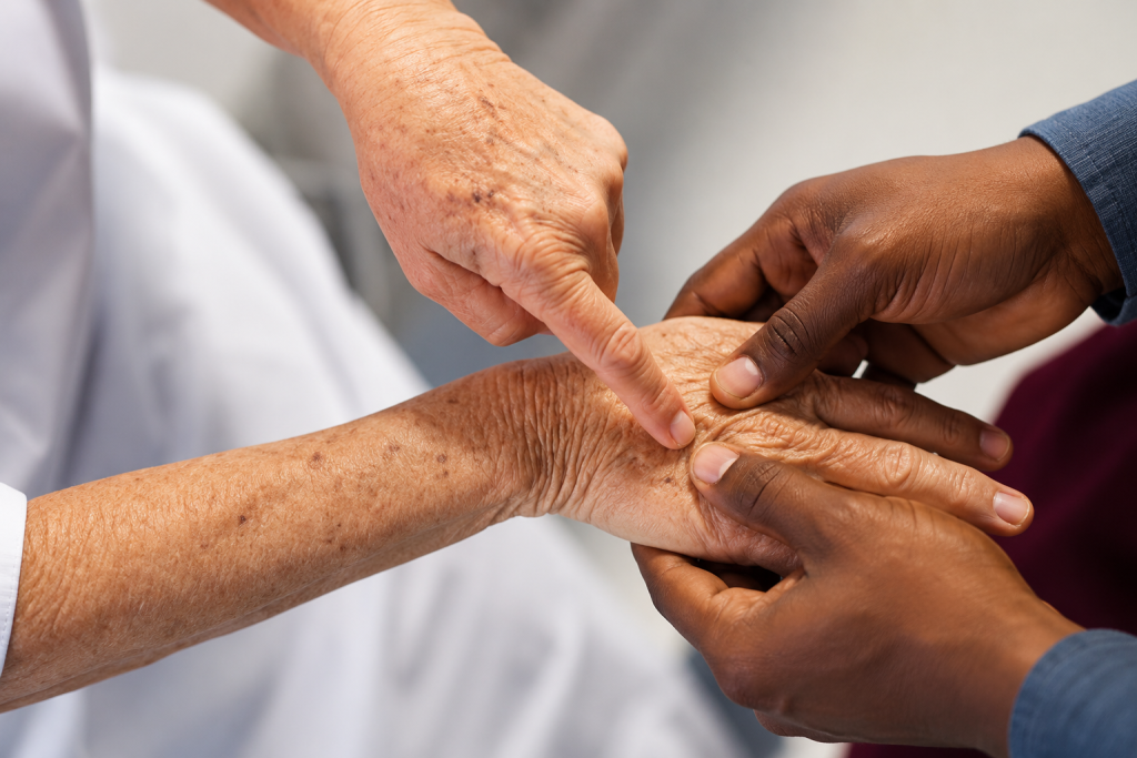 Healthcare professional examining an elderly patient's hand to assess neuropathy symptoms, including numbness, tingling, weakness, reduced sensation, and nerve pain.